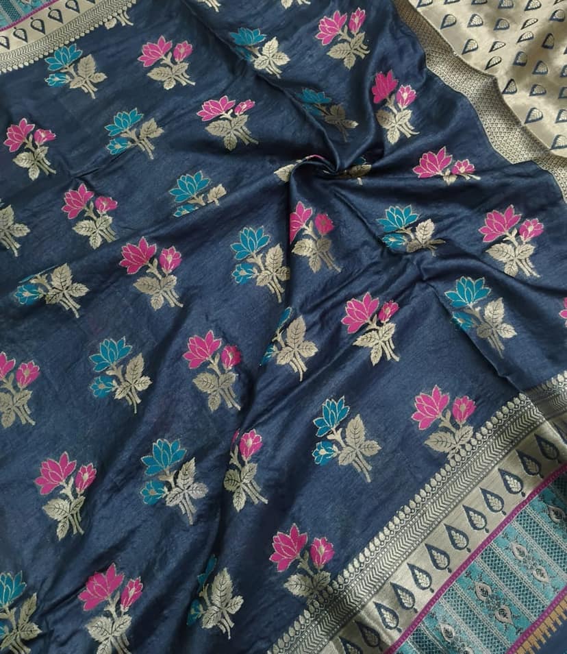 pure tusser silk Alfi boota saree view 4