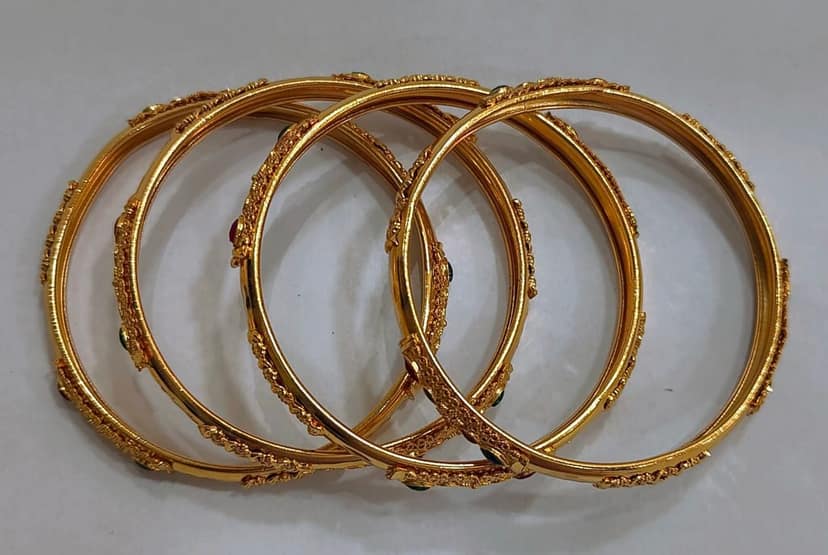 Gold Plated Bangles Set of 4 with Ruby and Emerald Stones view 3