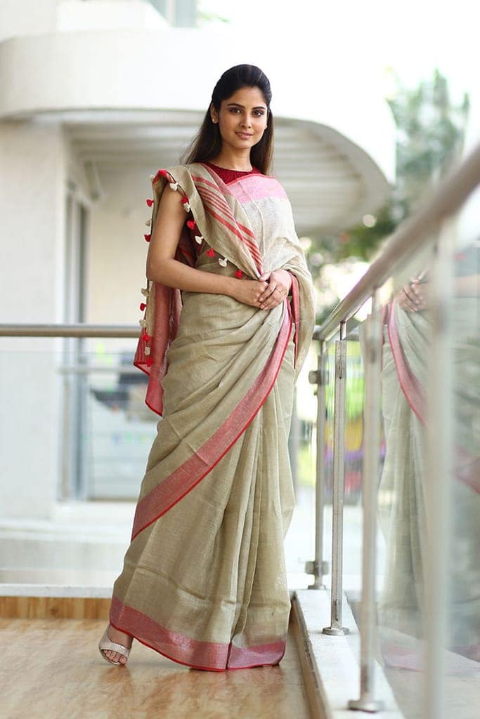 Pure Organic Linen Saree - Beige and Red view 2