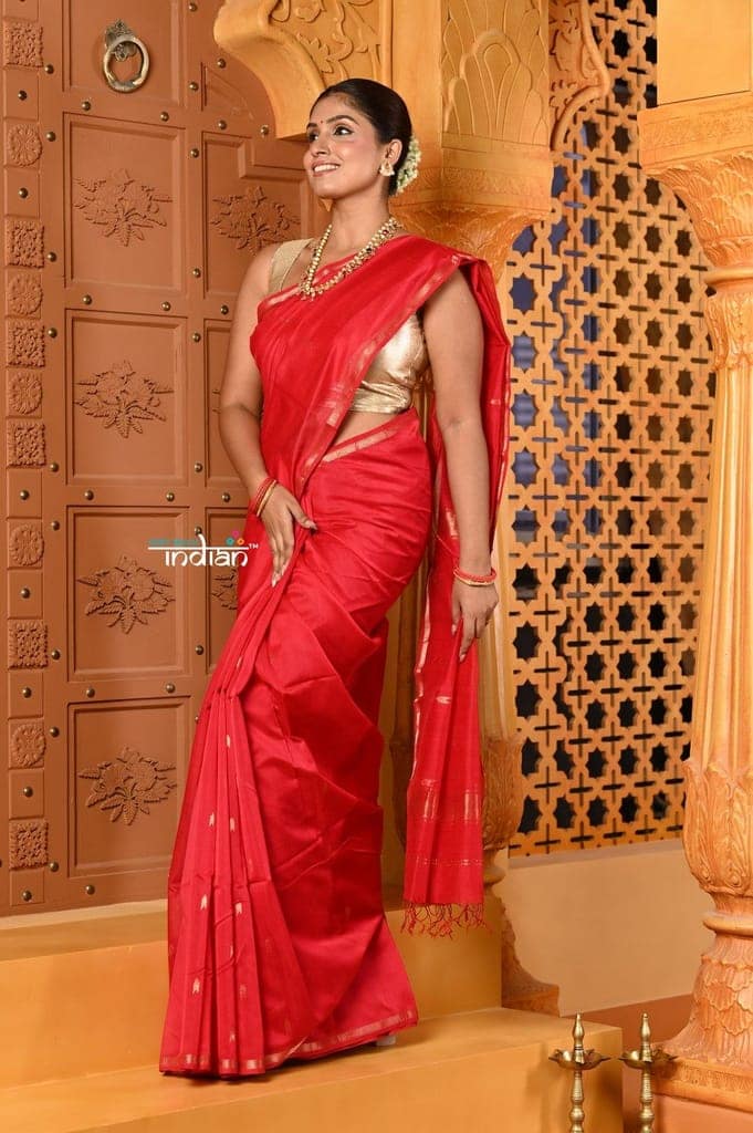 Shubh ~ Handloom Cotton Silk Saree with Sleek Golden Border in Exclusive Royal Red view 2