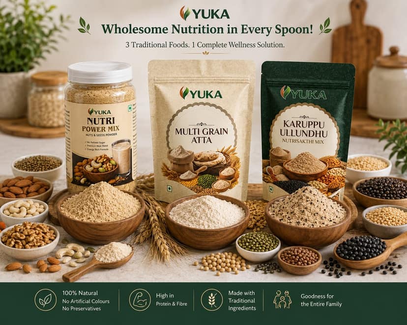 YUKA Wellness Premium Health Combo | Nutri Power Mix 100g + Multigrain Atta 250g + Karuppu Ullundhu NutriSakthi Mix 250g | High Protein & Fibre | No Refined Sugar view 2
