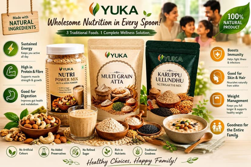 YUKA Wellness Premium Health Combo | Nutri Power Mix 100g + Multigrain Atta 250g + Karuppu Ullundhu NutriSakthi Mix 250g | High Protein & Fibre | No Refined Sugar view 3