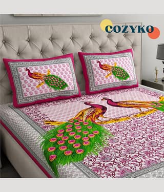 COZYKO Cotton 1 Double Bedsheet with 2 Pillow Covers ( Multicolor )