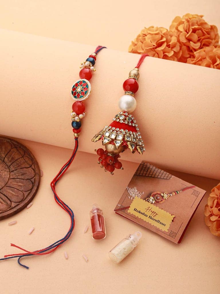 Set Of 2 Designer Red Kundan & pearl Handcrafted Lumba Rakhi Set With Roli Chawal For Bhai & Bhabhi view 2