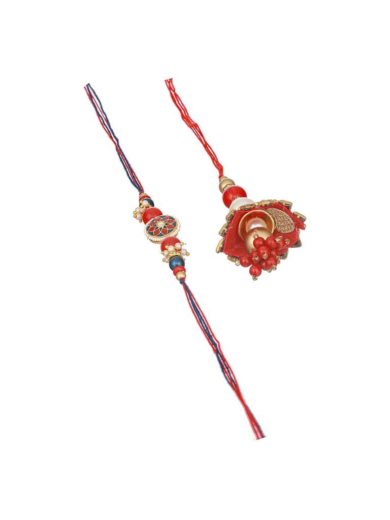 Set Of 2 Designer Red Kundan & pearl Handcrafted Lumba Rakhi Set With Roli Chawal For Bhai & Bhabhi view 3