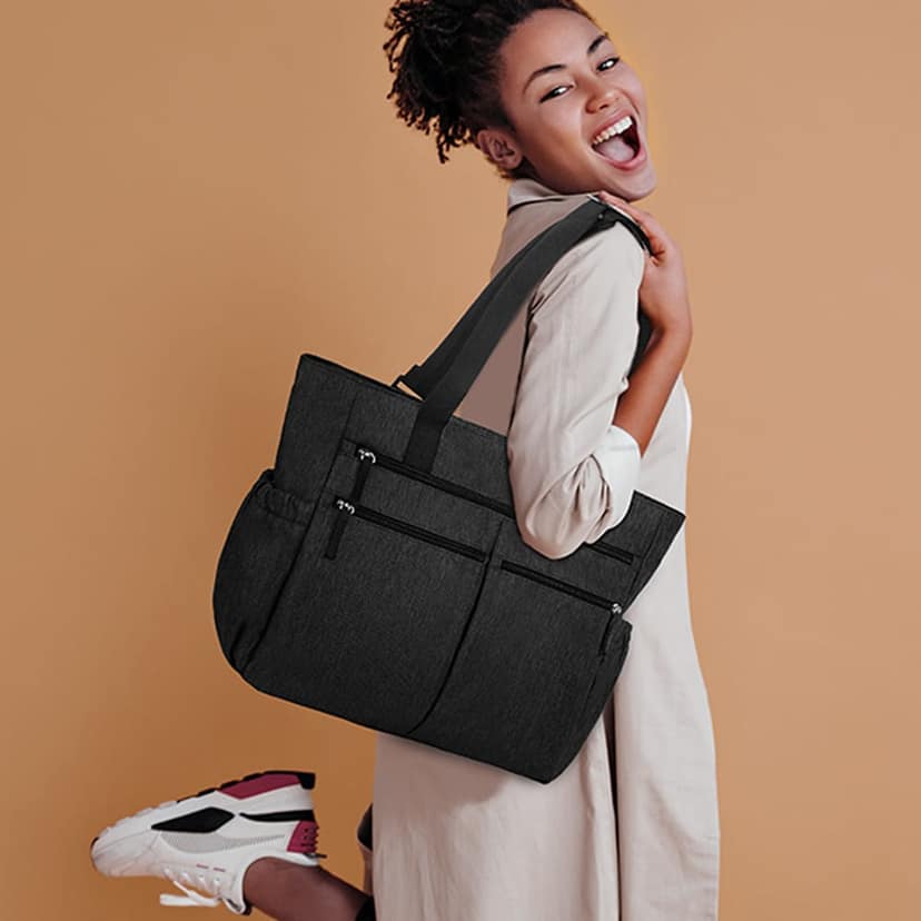 MILOY Waterproof Tote Bag | Waterproof Tote Bags for Women | Waterproof Laptop Bags | Tote Bag for Woman with Adjustable Strap - Black | Multi Compartment | Zipper Pocket -Foldable-Heavy Duty-Washable view 3