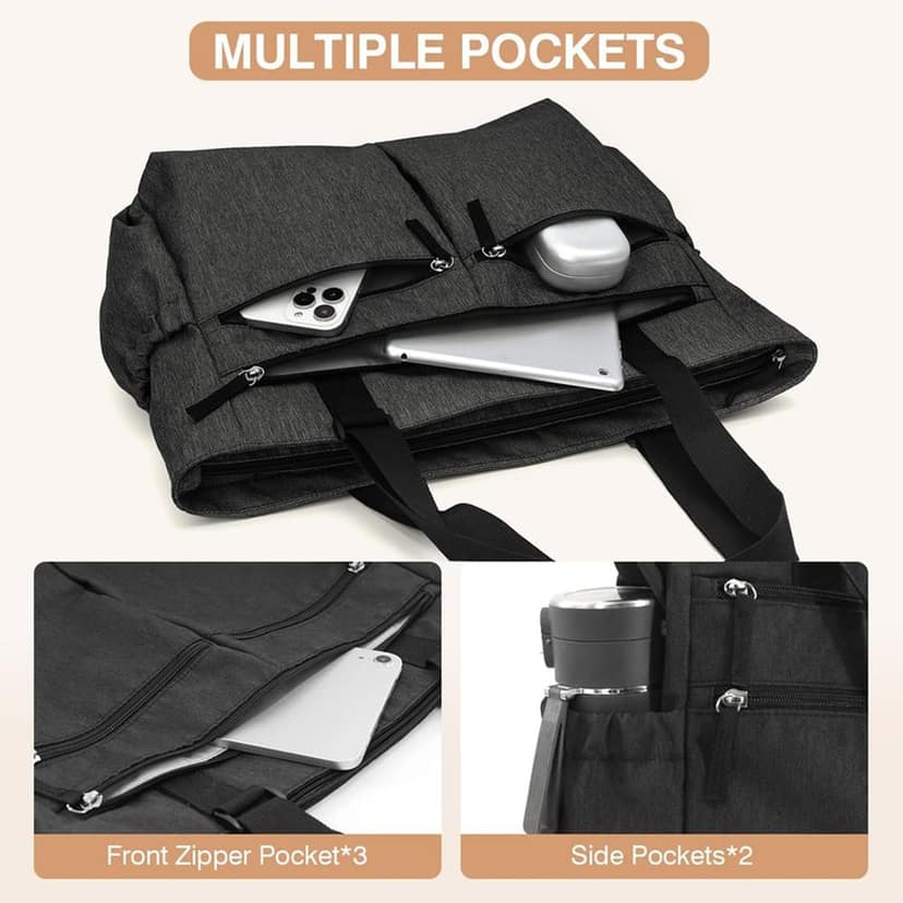 MILOY Waterproof Tote Bag | Waterproof Tote Bags for Women | Waterproof Laptop Bags | Tote Bag for Woman with Adjustable Strap - Black | Multi Compartment | Zipper Pocket -Foldable-Heavy Duty-Washable view 5