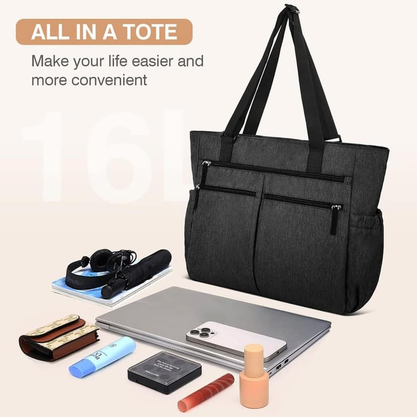 MILOY Waterproof Tote Bag | Waterproof Tote Bags for Women | Waterproof Laptop Bags | Tote Bag for Woman with Adjustable Strap - Black | Multi Compartment | Zipper Pocket -Foldable-Heavy Duty-Washable view 6