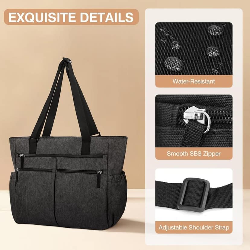 MILOY Waterproof Tote Bag | Waterproof Tote Bags for Women | Waterproof Laptop Bags | Tote Bag for Woman with Adjustable Strap - Black | Multi Compartment | Zipper Pocket -Foldable-Heavy Duty-Washable view 7