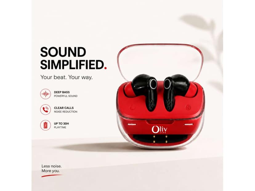 OlivLife NERO True Wireless Earbuds, Bluetooth 6.0 in-Ear Headphones with ENC Mic, 14H Playtime, Deep Bass, Premium Sound, Type-C Fast Charging Case - Red view 3