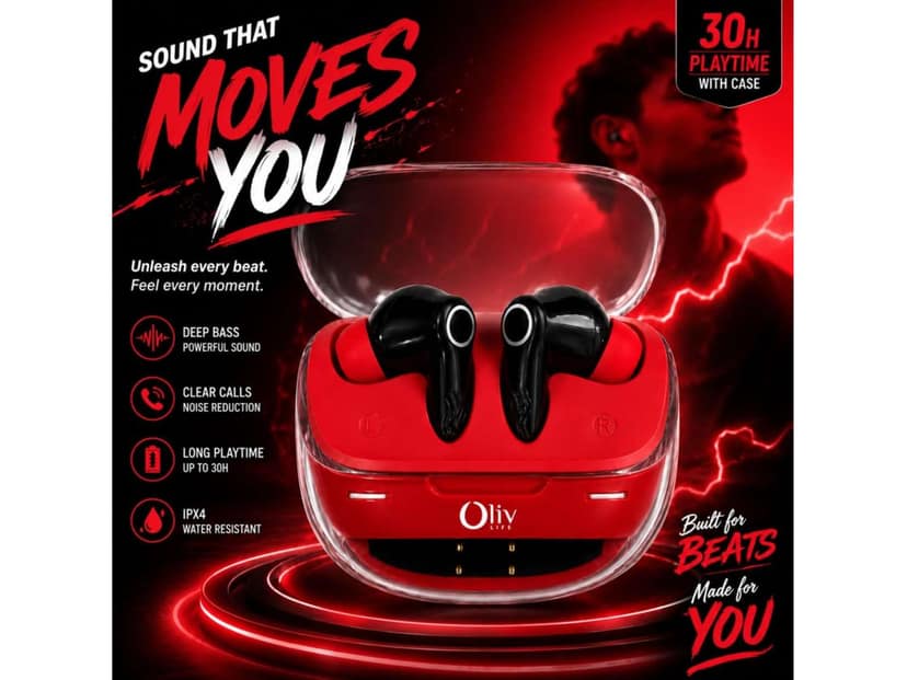 OlivLife NERO True Wireless Earbuds, Bluetooth 6.0 in-Ear Headphones with ENC Mic, 14H Playtime, Deep Bass, Premium Sound, Type-C Fast Charging Case - Red view 4