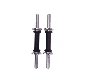 A pair of 15-inch, 1-inch diameter, steel, rubber-coated, weightlifting barbells with a 1-inch diameter hole for attaching weight plates.