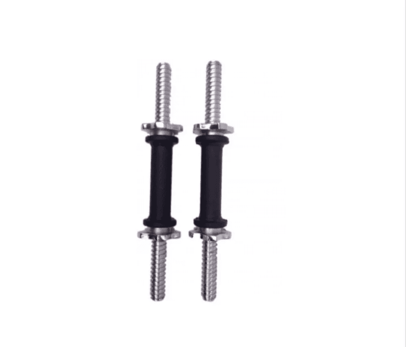 A pair of 15-inch, 1-inch diameter, steel, rubber-coated, weightlifting barbells with a 1-inch diameter hole for attaching weight plates.