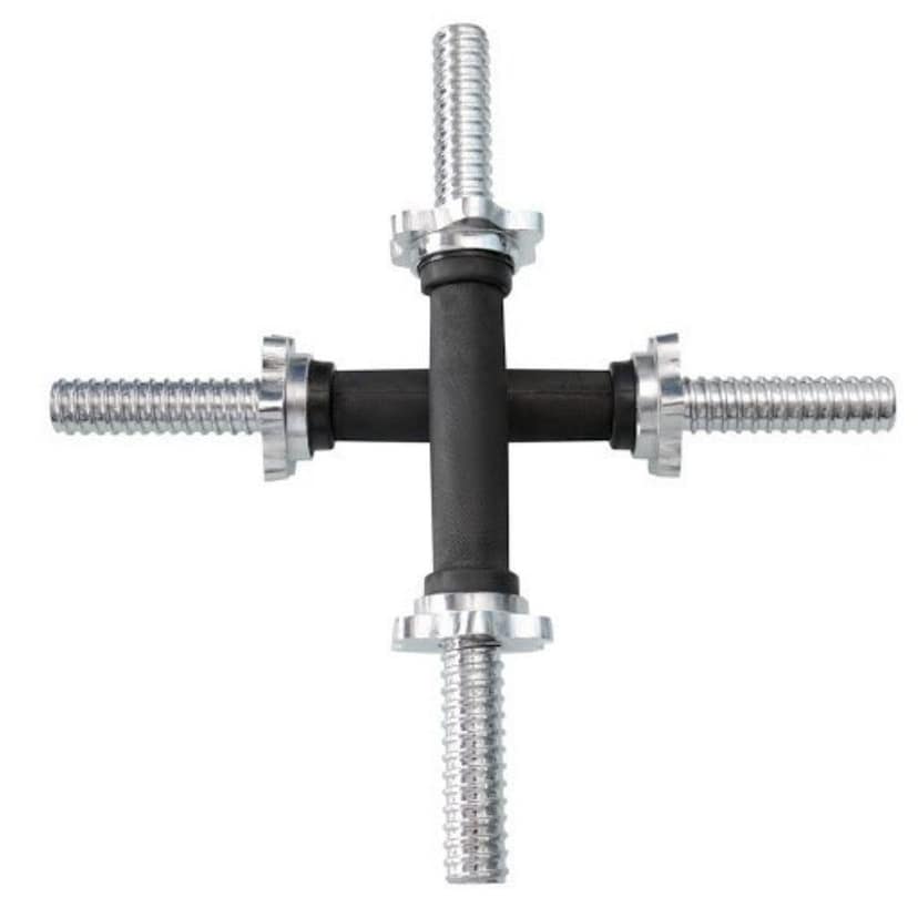 A pair of 15-inch, 1-inch diameter, steel, rubber-coated, weightlifting barbells with a 1-inch diameter hole for attaching weight plates. view 2