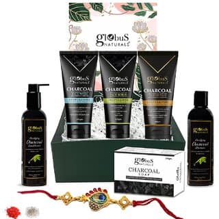 Globus Naturals Charcoal Detox Rakhi Gift Box - For Brother and Sister - Set of 6, Face wash, Face Scrub, Face Peel Off Mask, Shampoo, Conditioner Soap Bar