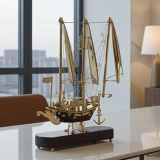 Brass & Wooden Ship Model � Nautical Home Interior Decor, Height : 12 Inch (MRMAS227 B)