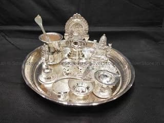 Silver Puja Thali Set with Traditional Accessories for Rituals
