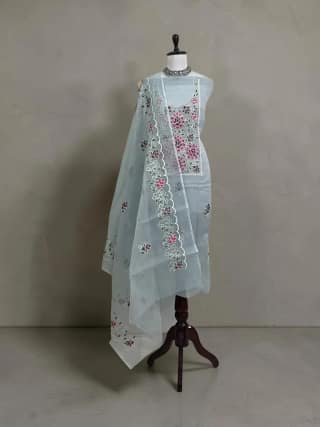 Kota Doria Cotton-Silk Dress Material with Hand-Embroidered Rose Border