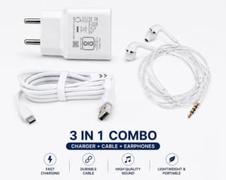 Mobile Accessory Combo Featuring a White Original Charger, USB to Type-C Cable & Wired Earphones – Best Android Combo