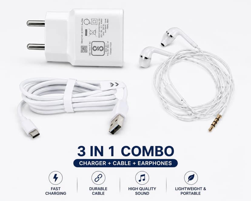 Mobile Accessory Combo Featuring a White Original Charger, USB to Type-C Cable & Wired Earphones – Best Android Combo