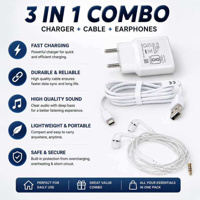 Mobile Accessory Combo Featuring a White Original Charger, USB to Type-C Cable & Wired Earphones – Best Android Combo view 2