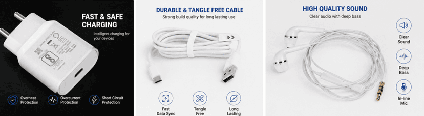 Mobile Accessory Combo Featuring a White Original Charger, USB to Type-C Cable & Wired Earphones – Best Android Combo view 4