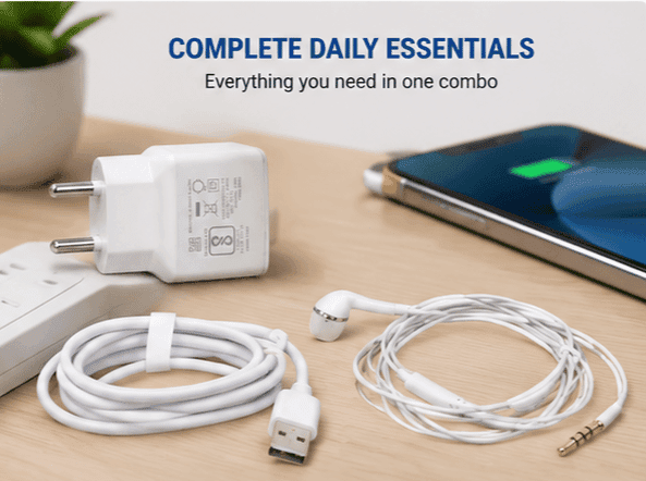 Mobile Accessory Combo Featuring a White Original Charger, USB to Type-C Cable & Wired Earphones – Best Android Combo view 5