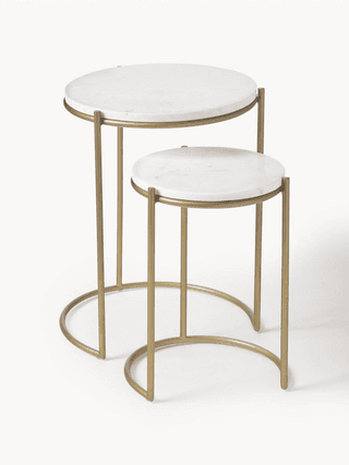 Modern Round Nesting Side Tables with White Marble Top and Gold Metal Frame