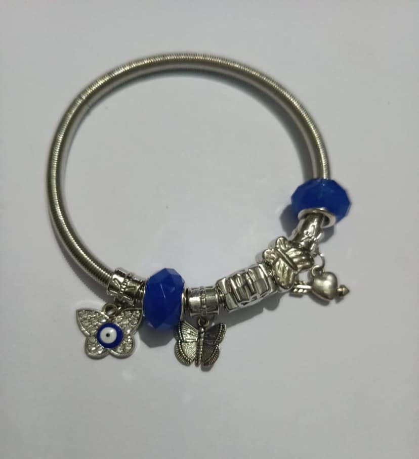 Pandora Style Silver Plated Charm Bracelet with Blue Crystal Evil Eye Butterfly view 2
