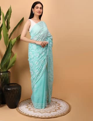 Shwet Cyan Blue Kota Cotton Chikankari Saree