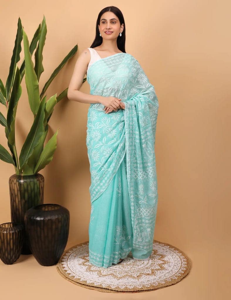 Shwet Cyan Blue Kota Cotton Chikankari Saree view 3