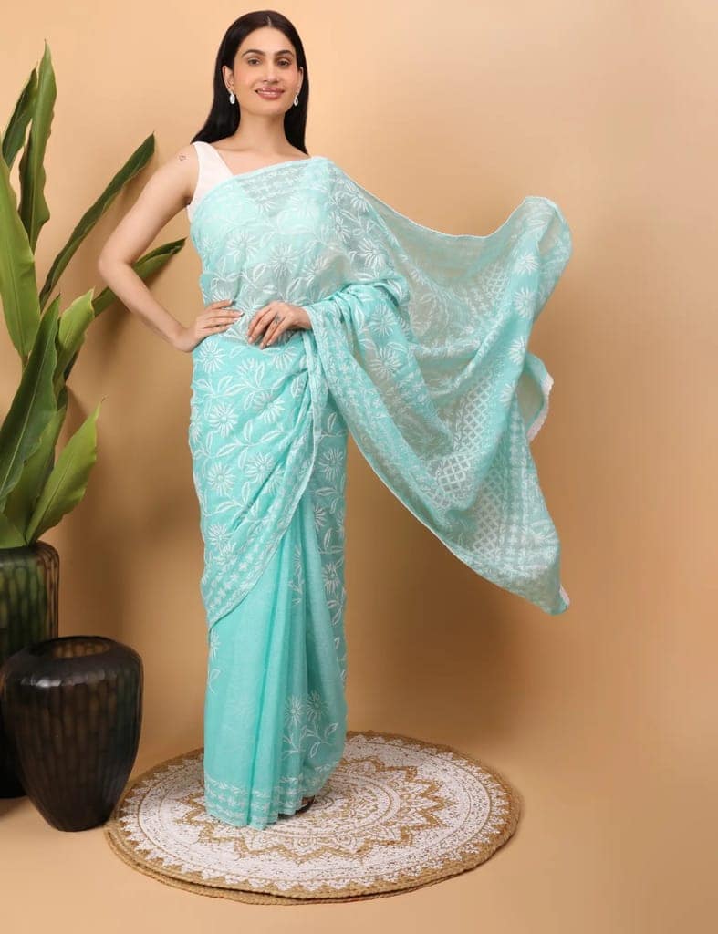 Shwet Cyan Blue Kota Cotton Chikankari Saree view 4
