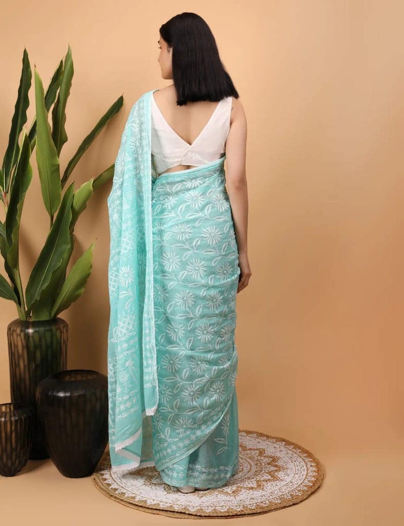 Shwet Cyan Blue Kota Cotton Chikankari Saree view 5