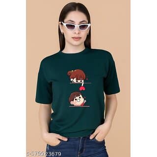 Wexam Style Women Green Printed Round Neck Short Sleeve Top