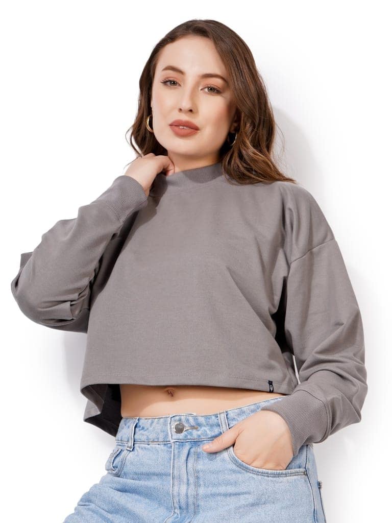 Women Full Sleeve Solid Sweatshirt (Light Grey) view 2