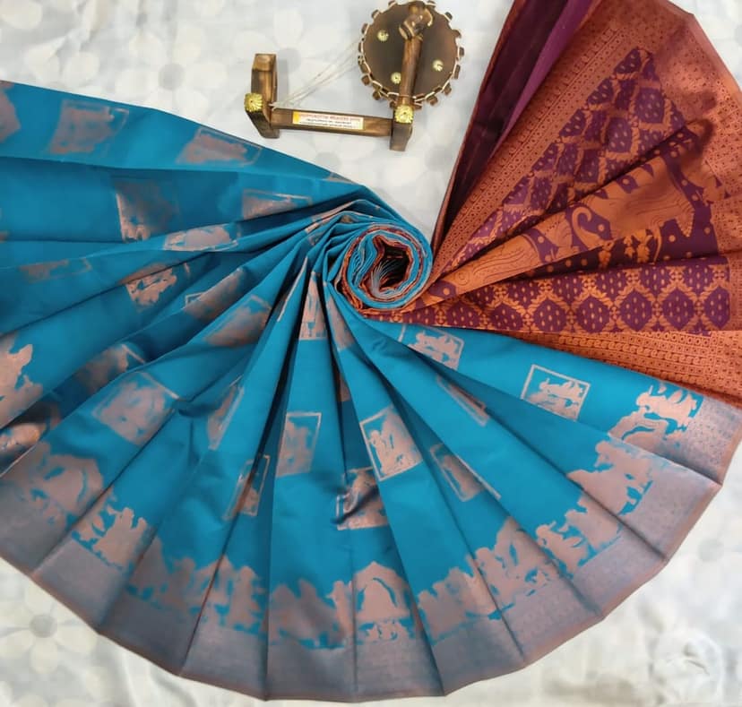 Kubera Silk Cottton Saree with Blouse -Blue view 3