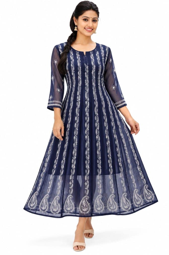 Mrs Right Women’s Lucknowi Chikankari Anarkali Kurta in Soft Georgette | Handcrafted Floral Embroidery | 3/4 Sleeves | 45 Inch Length | 74 Inch Flare | Festive Ethnic Wear