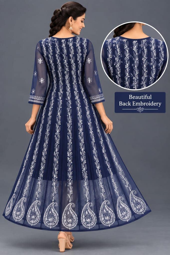 Mrs Right Women’s Lucknowi Chikankari Anarkali Kurta in Soft Georgette | Handcrafted Floral Embroidery | 3/4 Sleeves | 45 Inch Length | 74 Inch Flare | Festive Ethnic Wear view 4