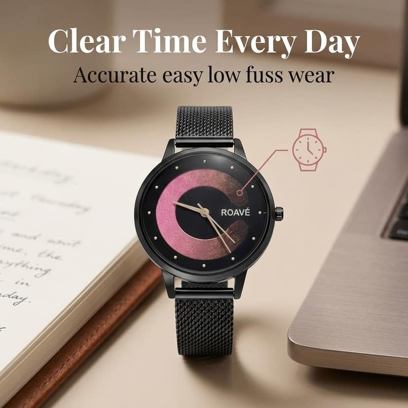 ROAVÉ Quartz Round Intermesh Stainless Steel Band Casual Analog Watch For Women With Push Button Clasp - Multicolour view 5