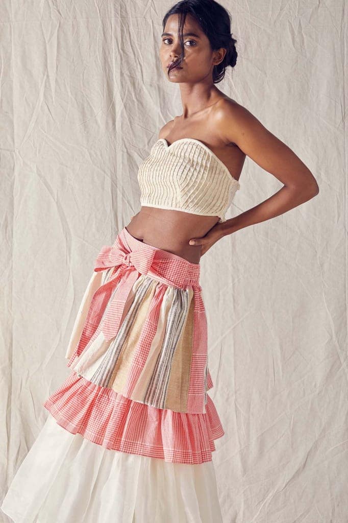 Maxi Tiered Skirt In Red Checks And Off White Cotton Khadi Mulmul And Silk Organza With Bow Tie view 3