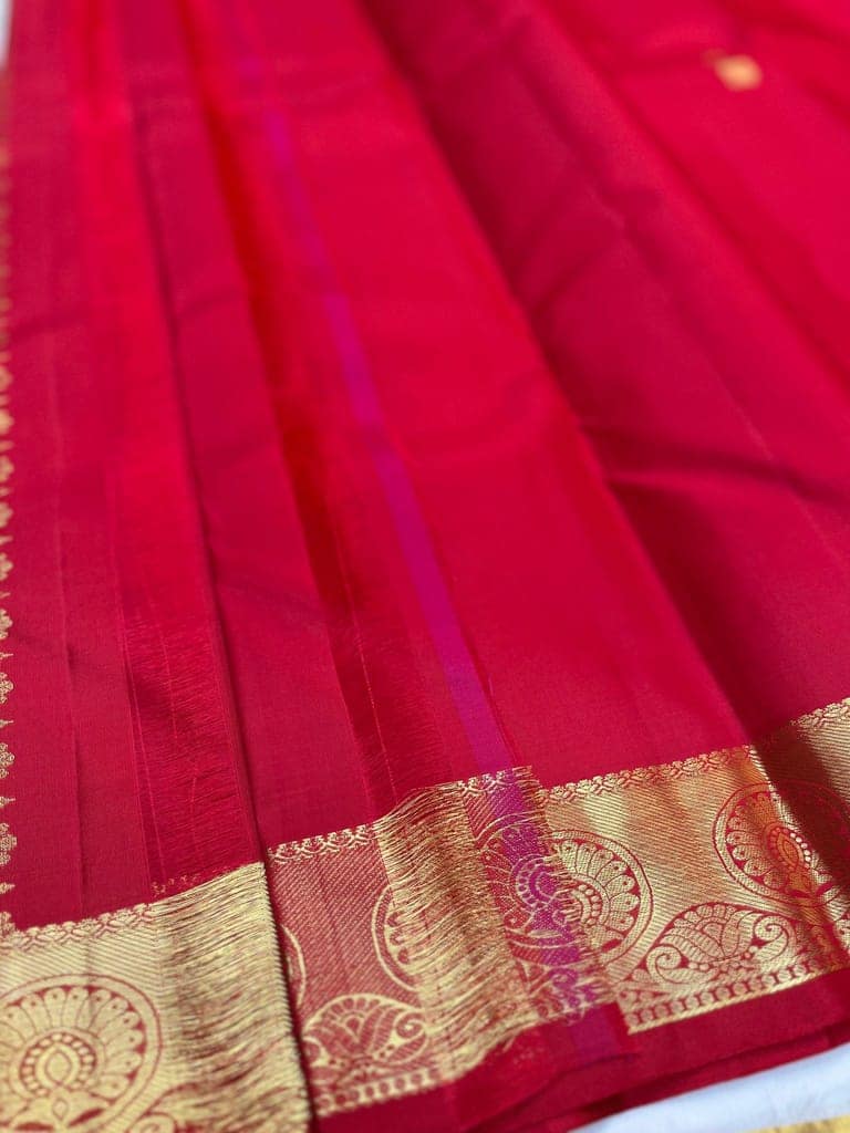 Pure red with 4gm golden zari traditional designed buttas unstitched bordered blouse view 2