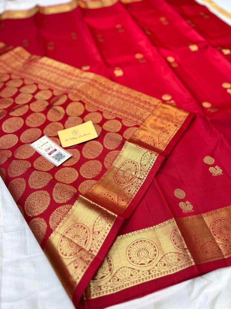 Pure red with 4gm golden zari traditional designed buttas unstitched bordered blouse view 3