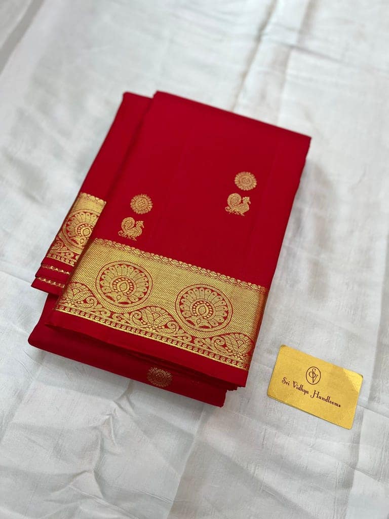 Pure red with 4gm golden zari traditional designed buttas unstitched bordered blouse view 4