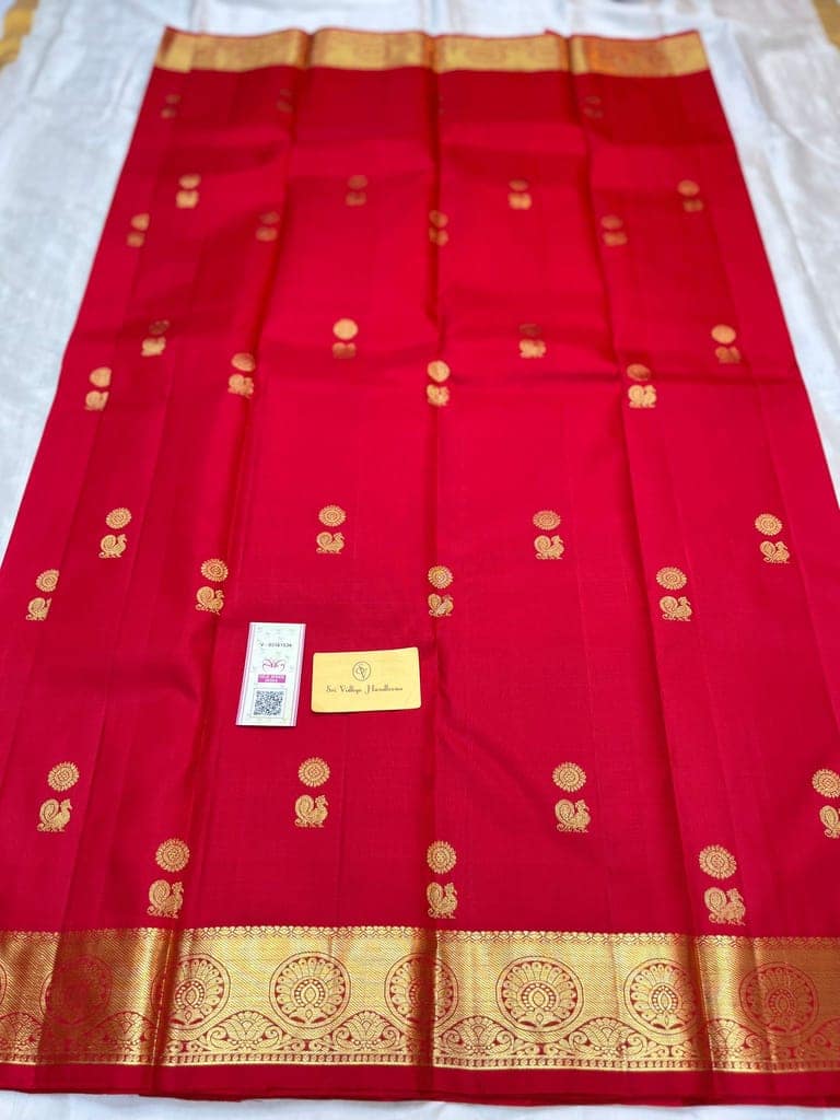 Pure red with 4gm golden zari traditional designed buttas unstitched bordered blouse view 5