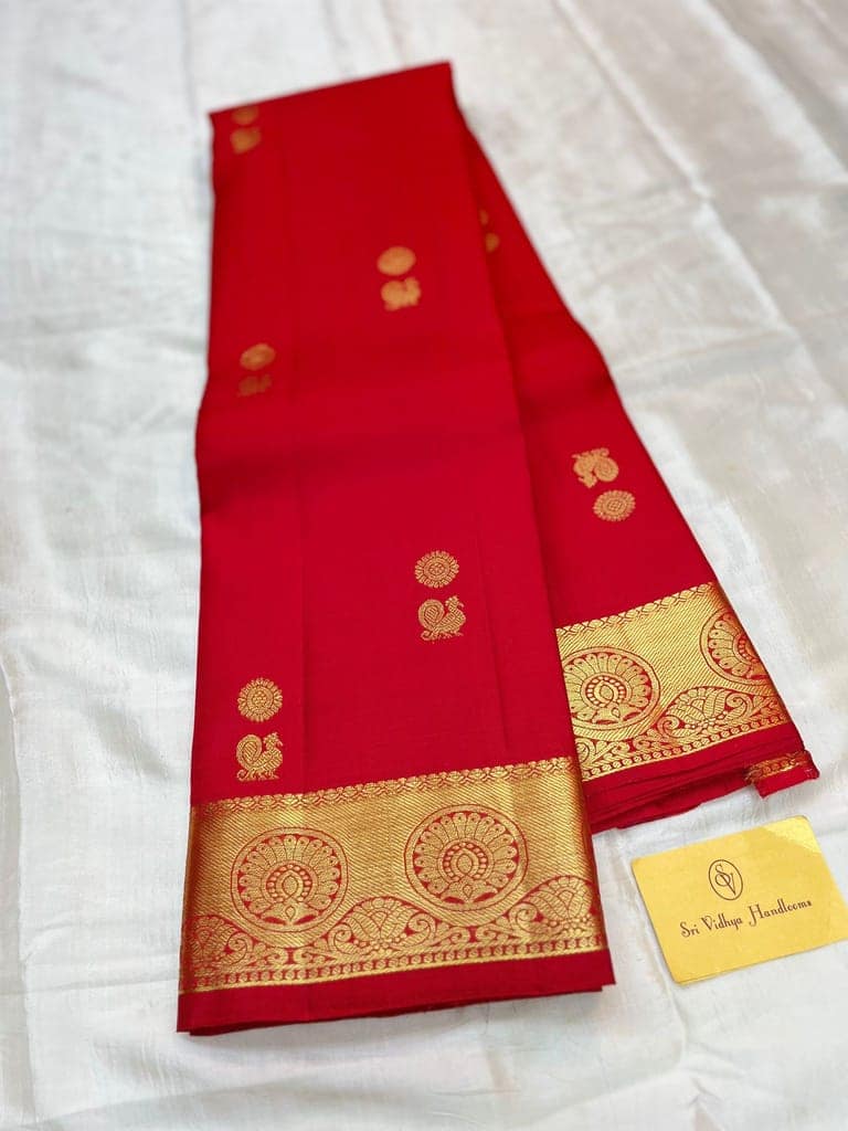 Pure red with 4gm golden zari traditional designed buttas unstitched bordered blouse view 6