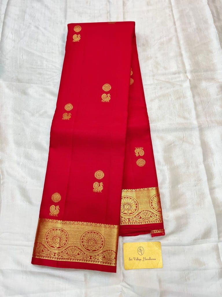 Pure red with 4gm golden zari traditional designed buttas unstitched bordered blouse view 7