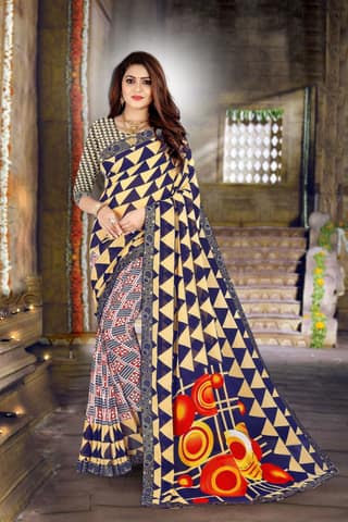 TheHangr Women's Beautiful Printed Georgette Saree With Lace Border & Blouse Piece - Blue-Yellow-Grey