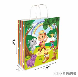 90 GSM Birthday New Animal Theme Printed Attractive Small Party Paper Gift Bags, Ideal For Birthday Return Gifts, Kids Party, & Gifting On Special Occasions (Size:9.4x7.9x3 inch) - 12