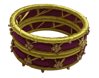 2-6 SIZE Maroon and Gold Silk Thread Bangles with Rhinestone Accents