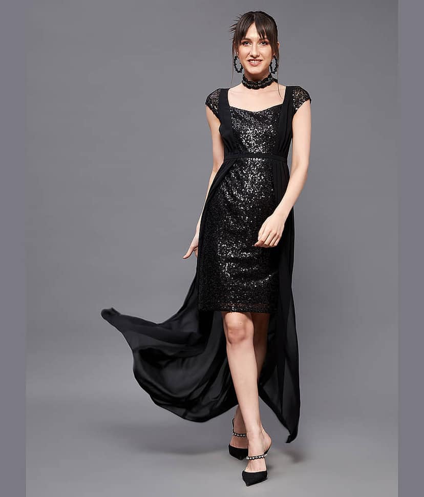 Miss Chase Women Georgette Embellished Fit & Flare Dress ( Black )